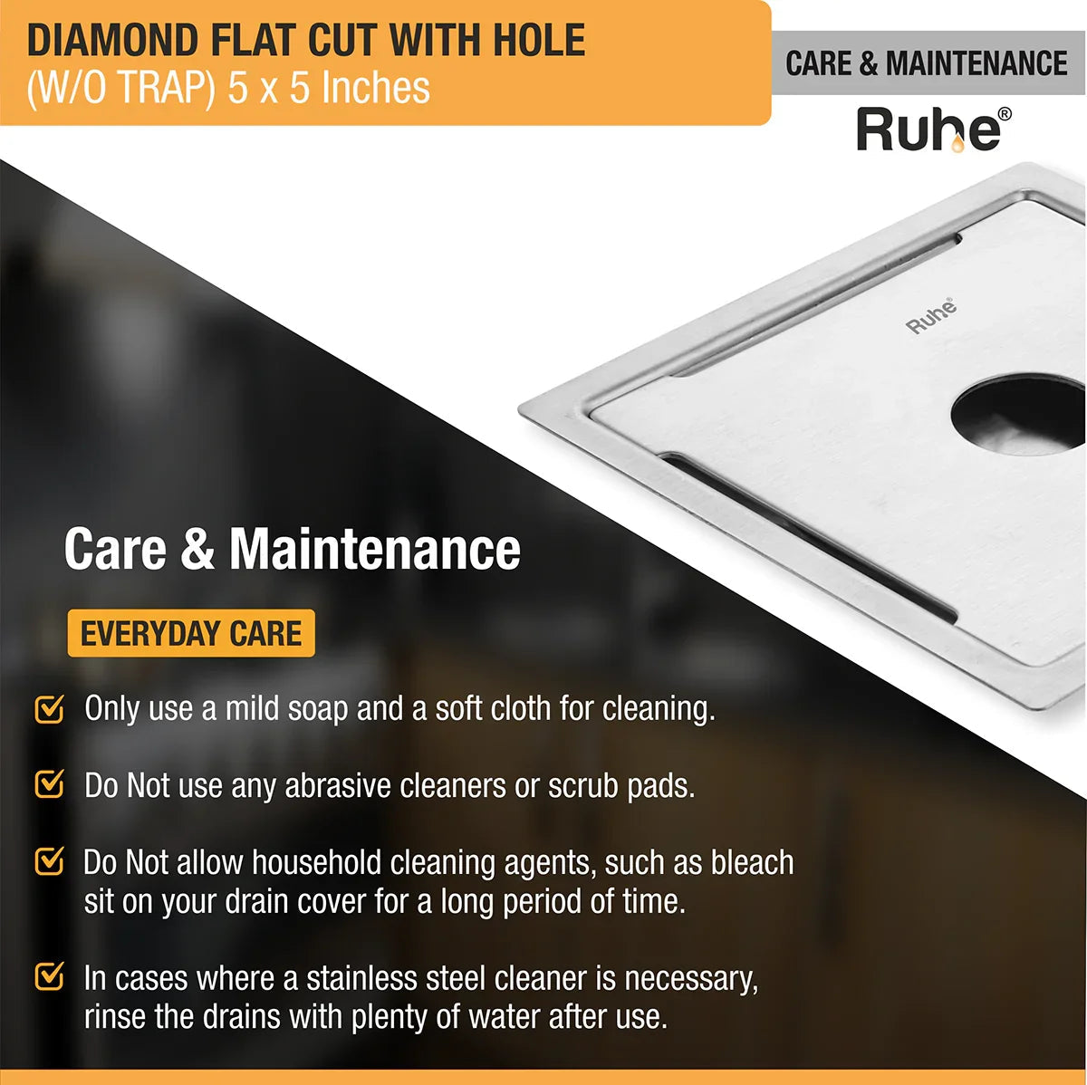 Diamond Square Flat Cut 304-Grade Floor Drain with Hole (5 x 5 Inches) care and maintenance