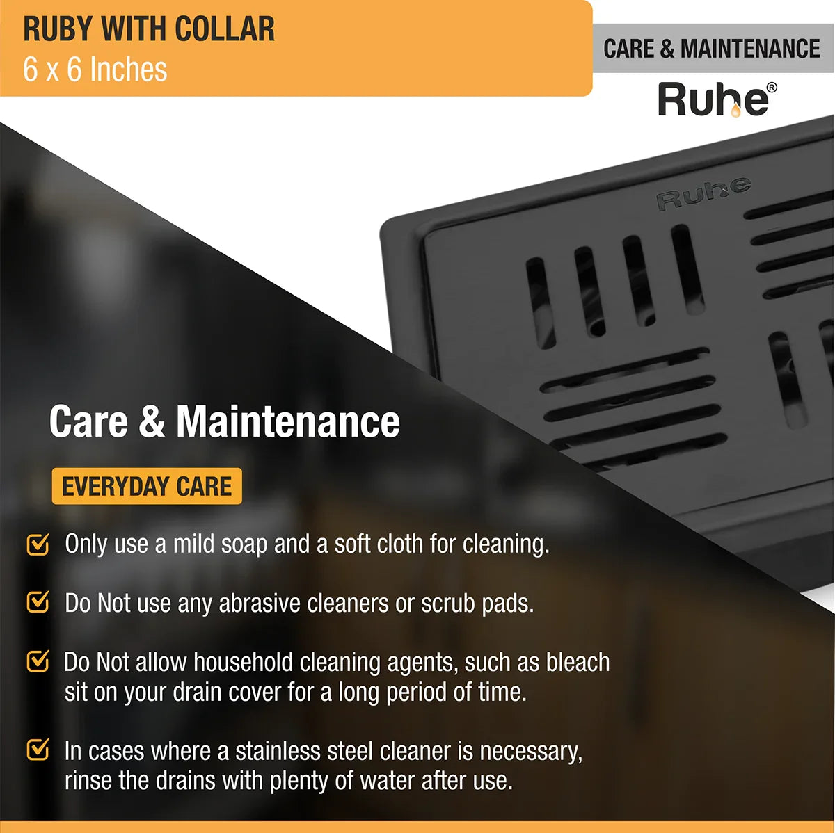 Ruby Square 304-Grade Floor Drain in Black PVD Coating (6 x 6 Inches) care and maintenance