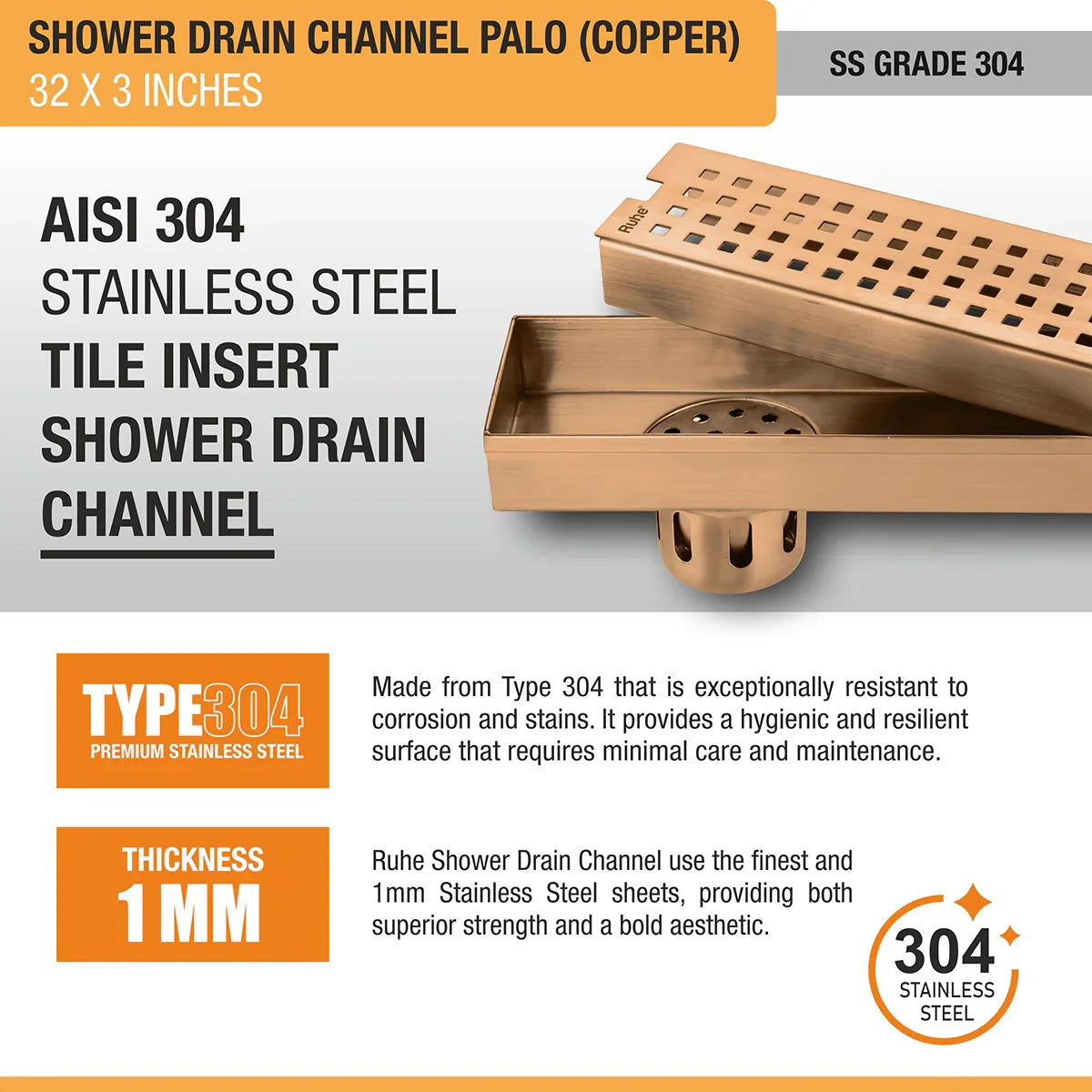 Palo Shower Drain Channel (32 x 3 Inches) Antique Copper PVD Coated - by Ruhe