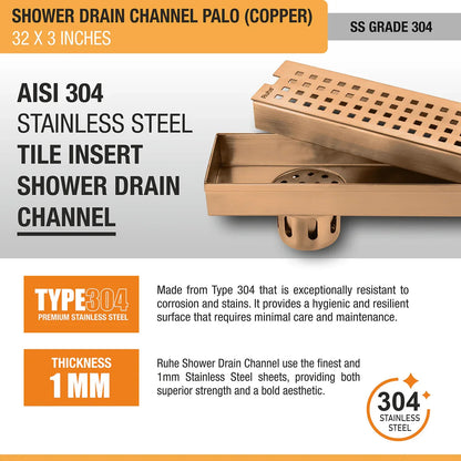 Palo Shower Drain Channel (32 x 3 Inches) Antique Copper PVD Coated - by Ruhe