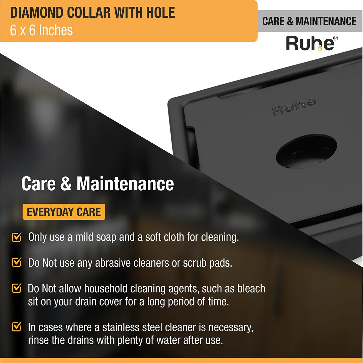 Diamond Square 304-Grade Floor Drain in Black PVD Coating (6 x 6 Inches) with Hole care and maintenance