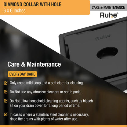 Diamond Square 304-Grade Floor Drain in Black PVD Coating (6 x 6 Inches) with Hole care and maintenance