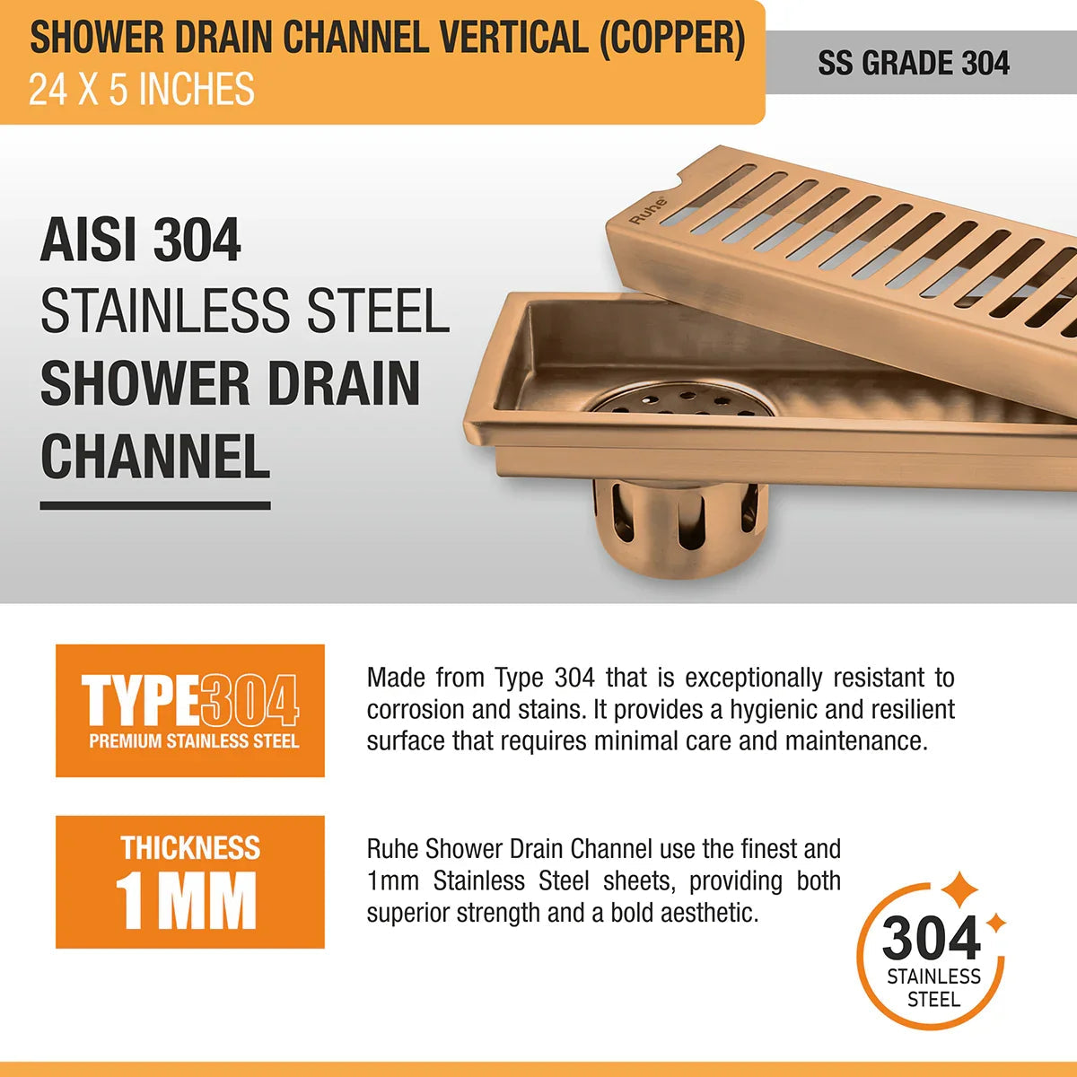 Vertical Shower Drain Channel (24 x 5 Inches) Antique Copper PVD Coated - by Ruhe