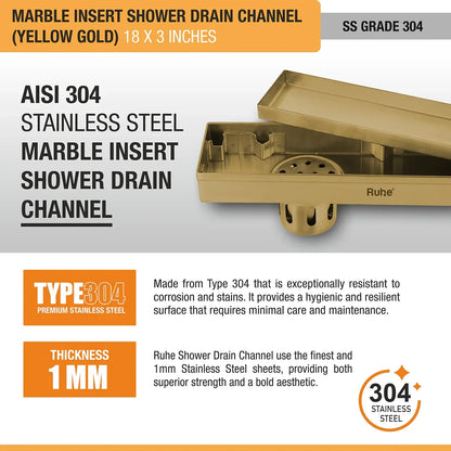 Marble-Insert Shower Drain Channel Yellow Gold (3 Inches)