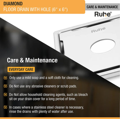 Diamond Square 304-Grade Floor Drain with Hole (6 x 6 Inches) - by Ruhe