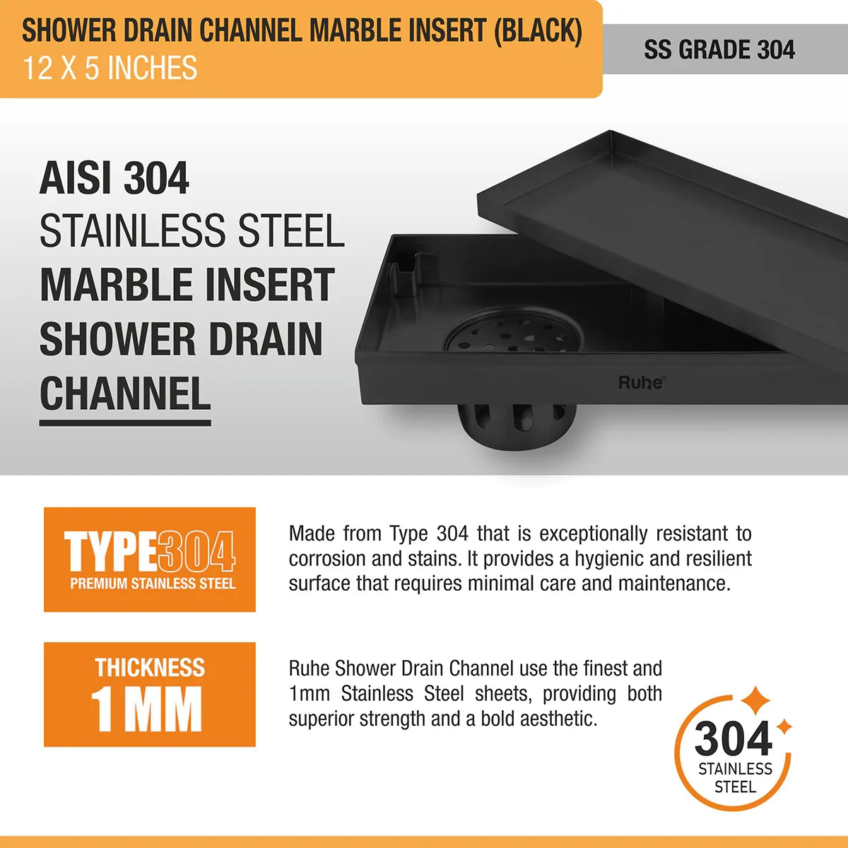 Marble-Insert Shower Drain Channel 5 inches