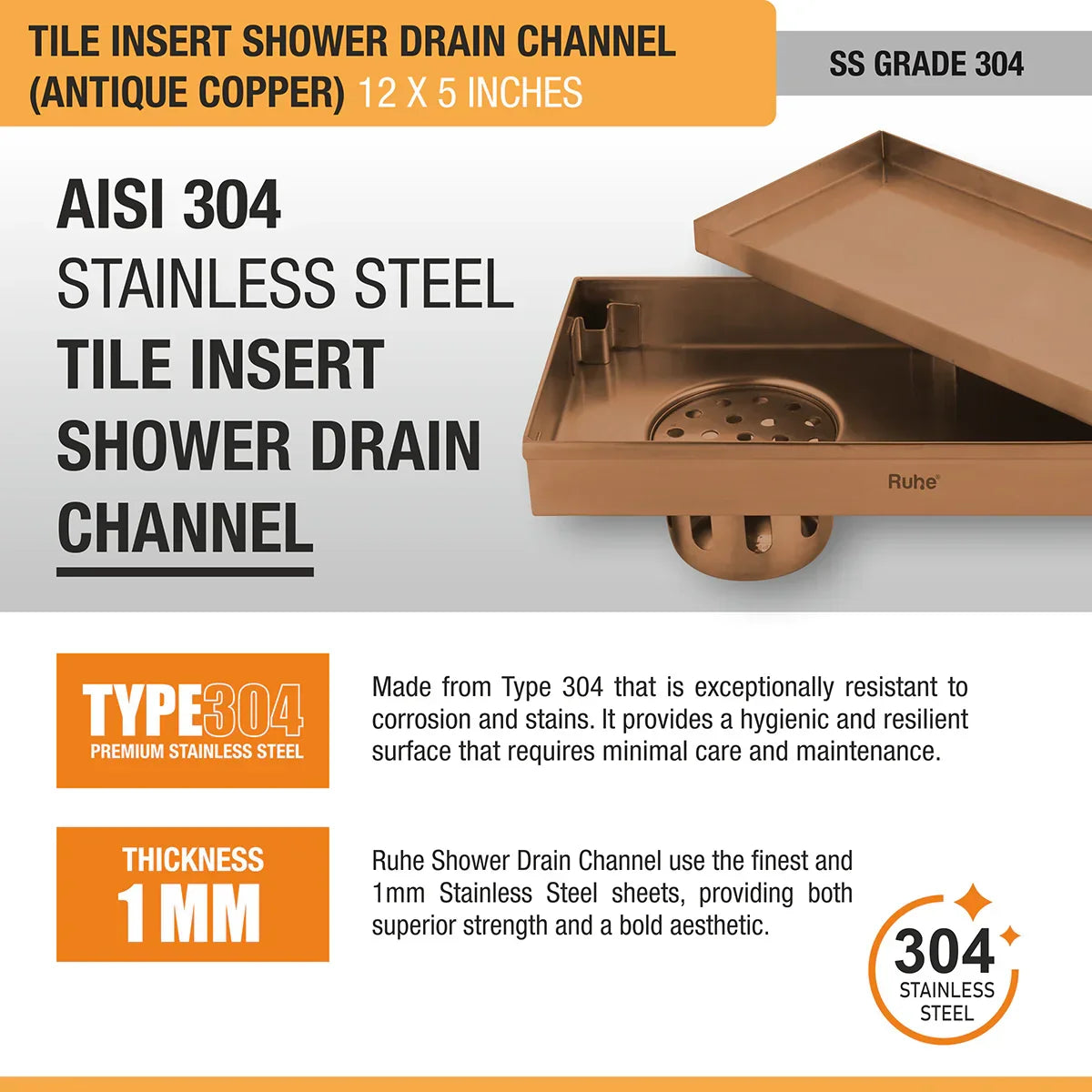 Tile-Insert Shower Drain Channel (5 Inches)