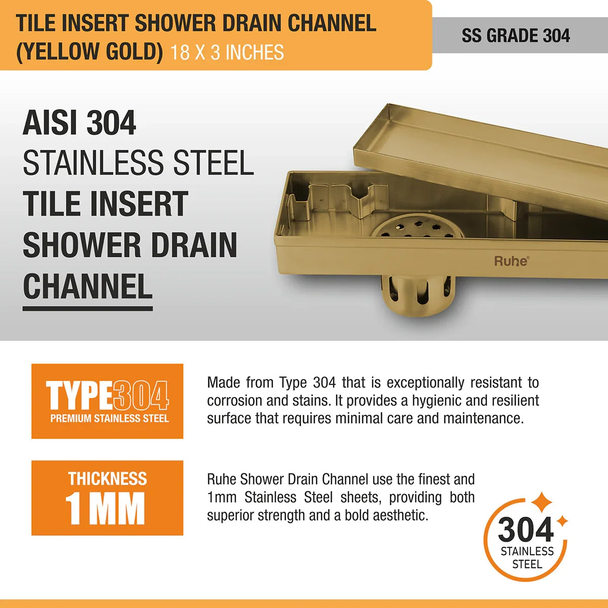 Tile-Insert Shower Drain Channel (3 Inches)