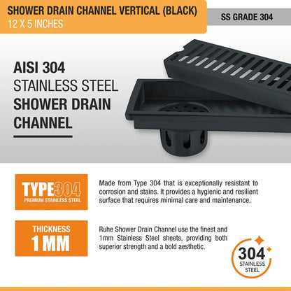 Vertical Shower Drain Channel (12 x 5 Inches) Black PVD Coated stainless steel