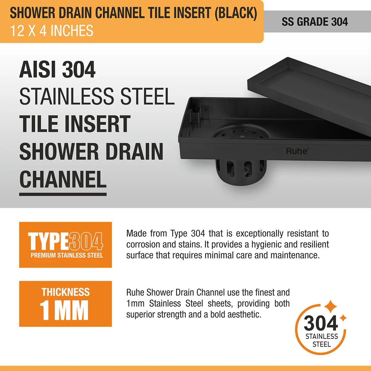 Tile-Insert Shower Drain Channel (4 Inches)