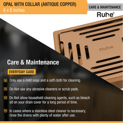 Opal Square Flat Cut Floor Drain in Antique Copper PVD Coating (6 x 6 Inches) - by Ruhe