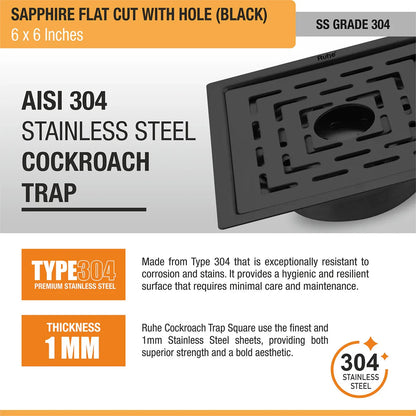 Sapphire Square Flat Cut Floor Drain in Black PVD Coating (6 x 6 Inches) with Hole - by Ruhe