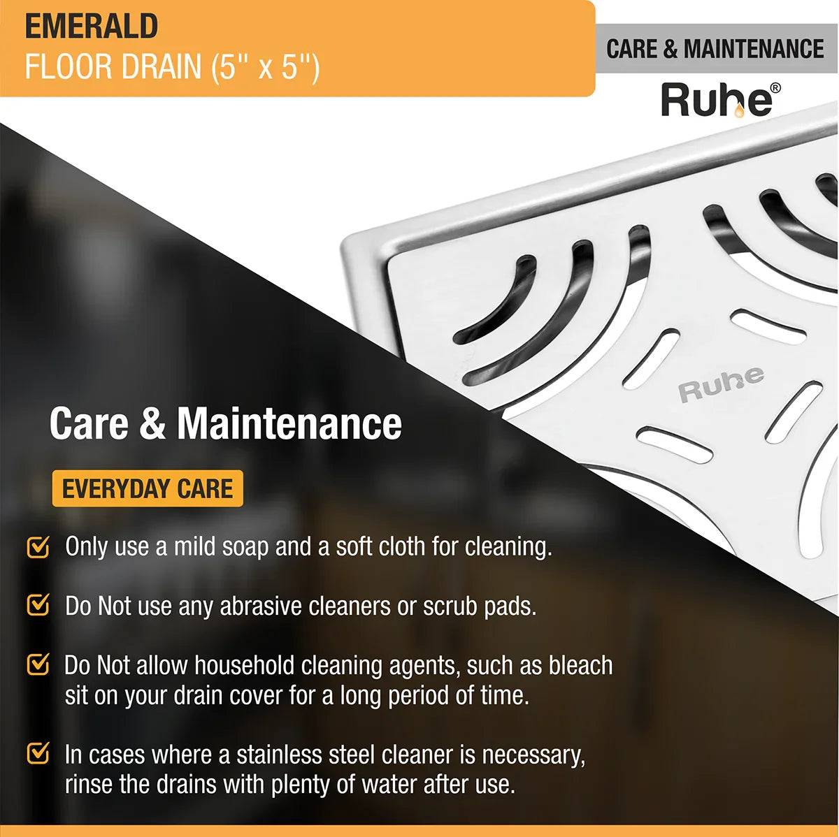 Emerald Square 304-Grade Floor Drain (5 x 5 Inches) - by Ruhe