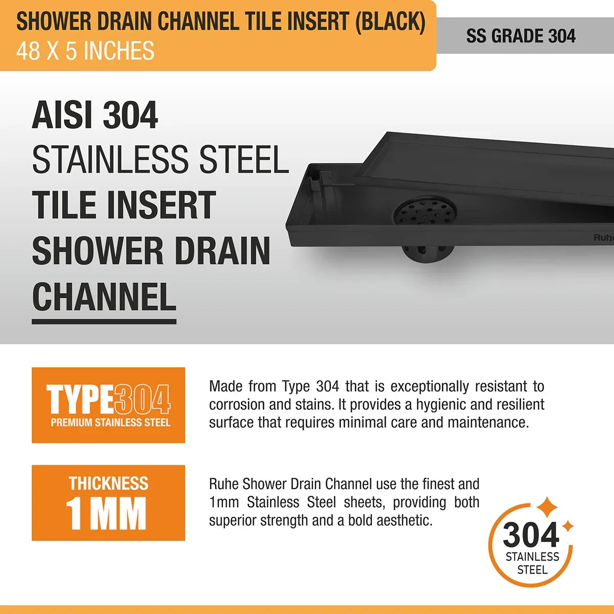 Tile-Insert Shower Drain Channel Coloured (5 Inches)
