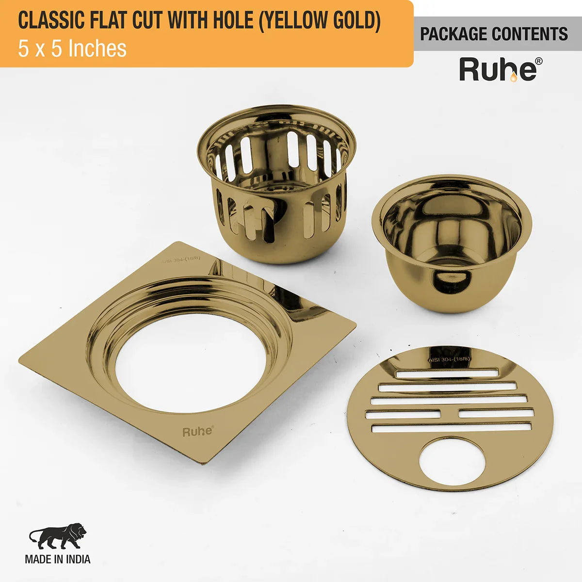 Classic Square Flat Cut Floor Drain in Yellow Gold PVD Coating (5 x 5 Inches) with Hole package content