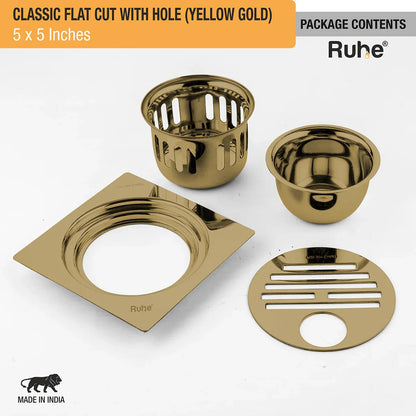 Classic Square Flat Cut Floor Drain in Yellow Gold PVD Coating (5 x 5 Inches) with Hole package content