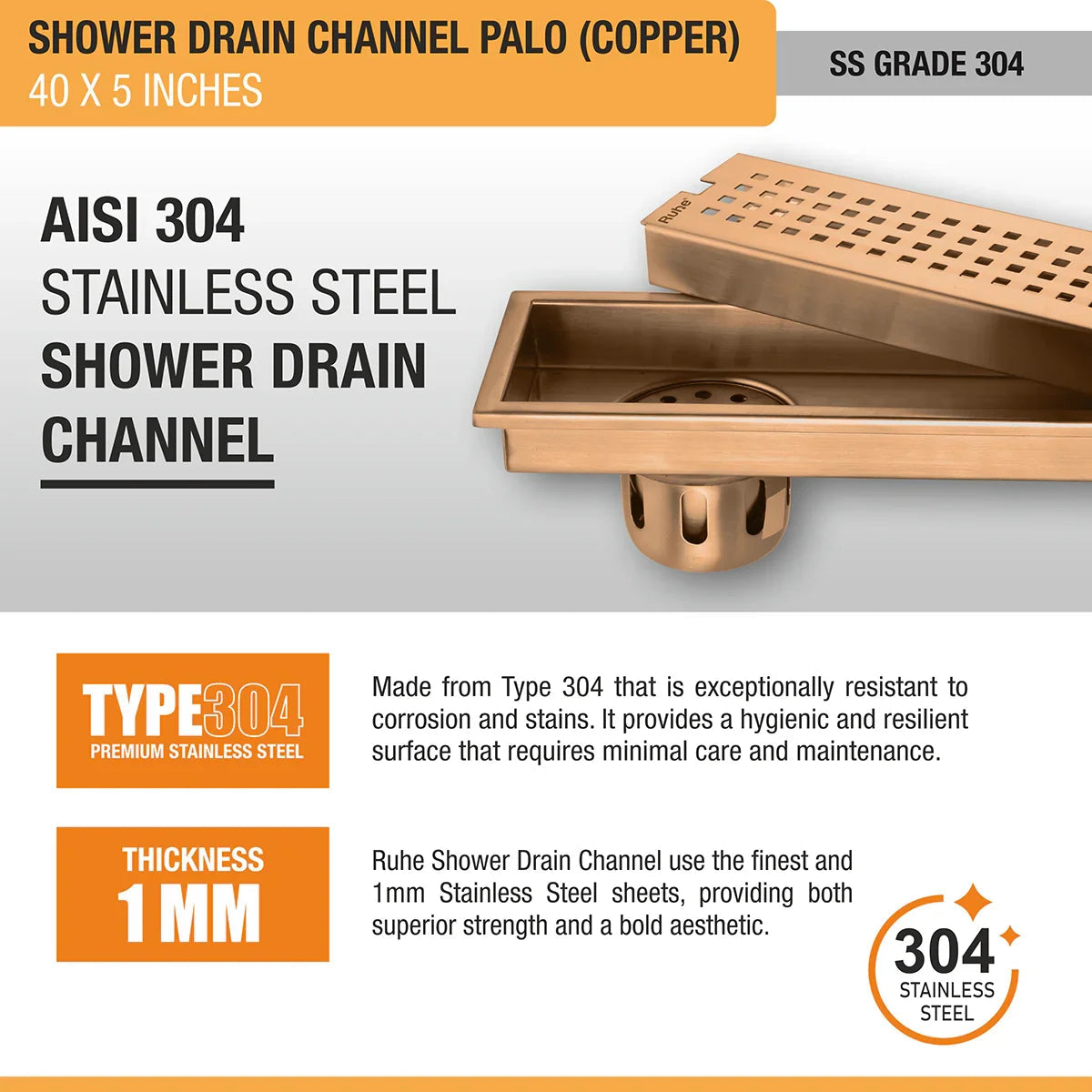 Palo Shower Drain Channel (40 x 5 Inches) Antique Copper PVD Coated - by Ruhe