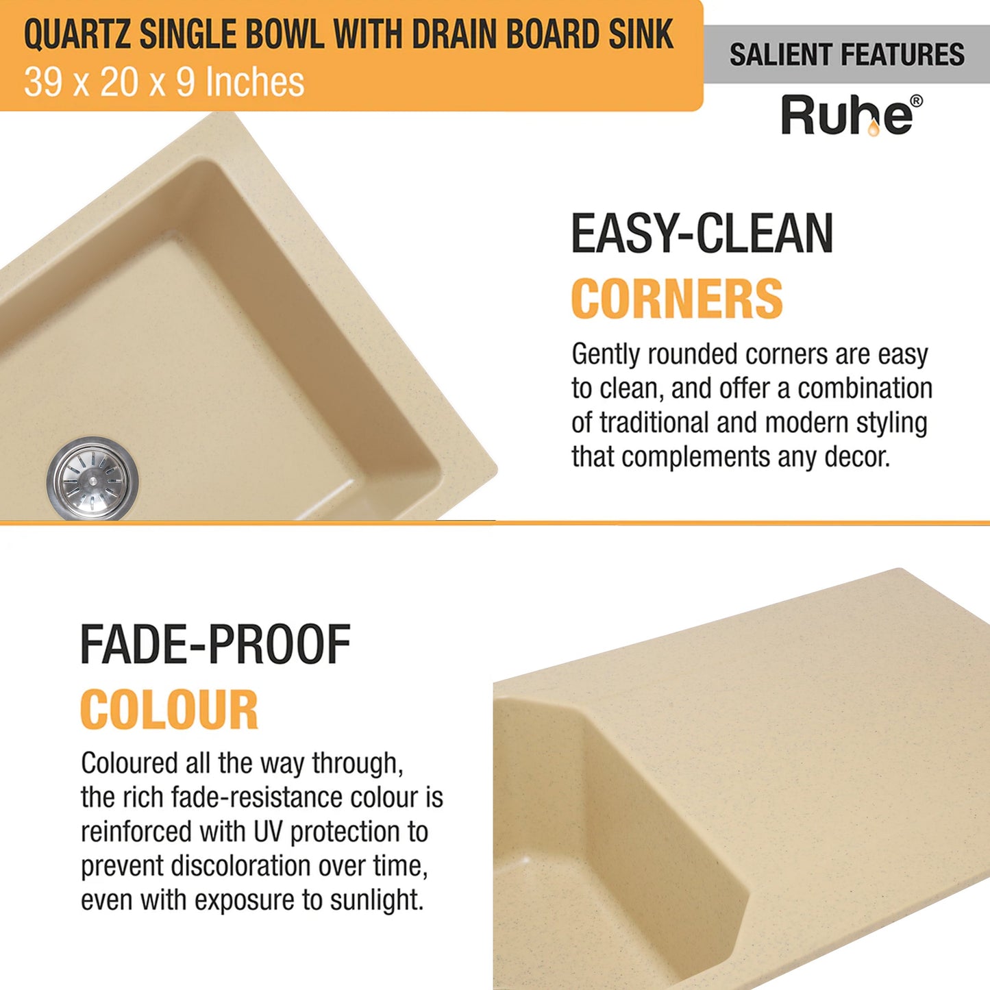 Quartz Single Bowl with Drainboard Kitchen Sink (39 x 20 x 9 Inches)