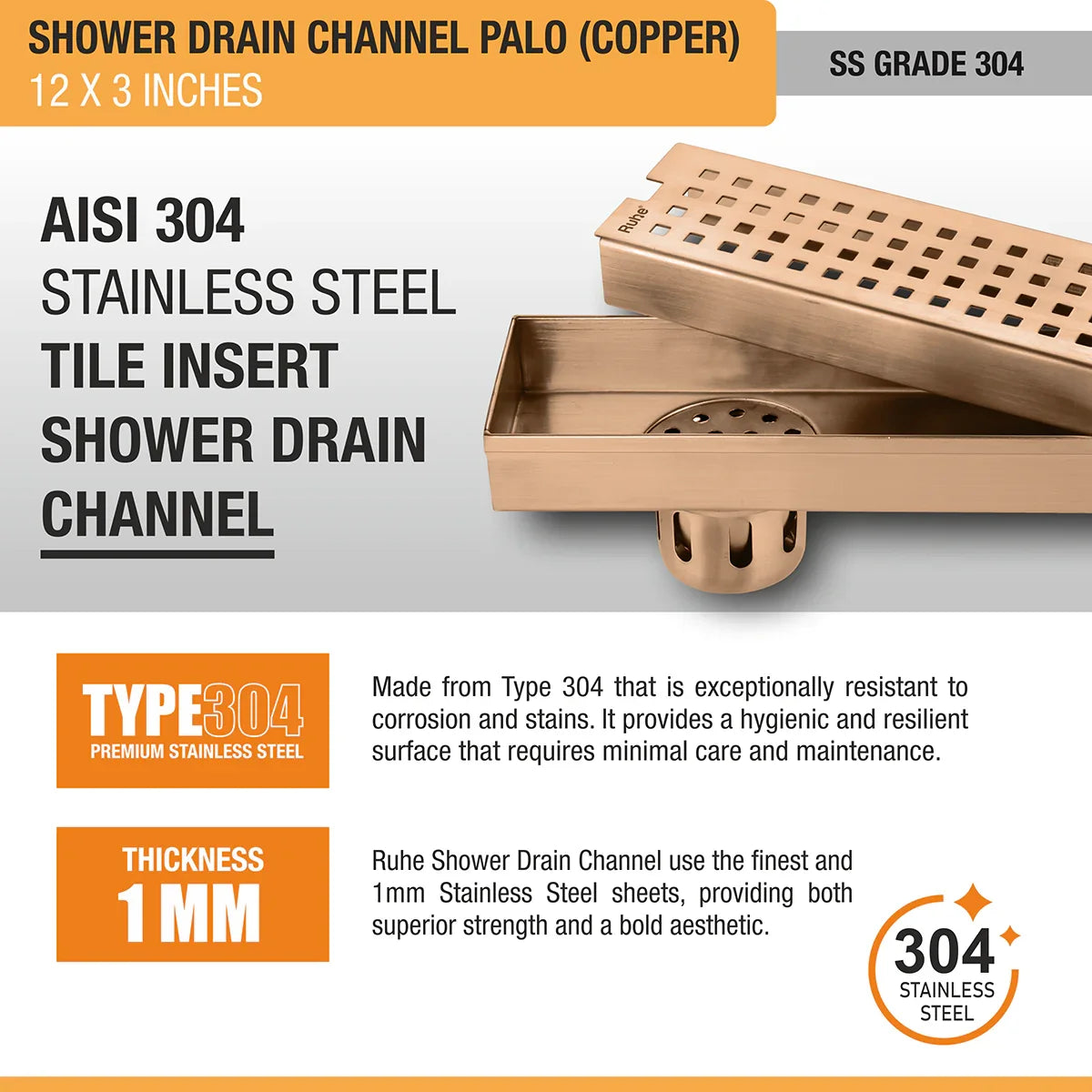 Palo Shower Drain Channel (12 x 3 Inches) Antique Copper PVD Coated - by Ruhe