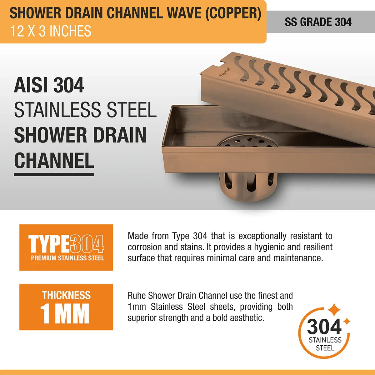 Wave Shower Drain Channel (12 x 3 Inches) Antique Copper PVD Coated - by Ruhe