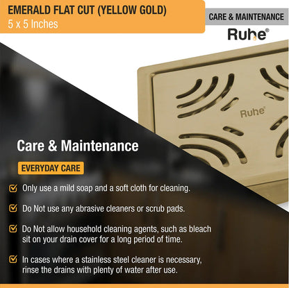 Emerald Square Flat Cut Floor Drain in Yellow Gold PVD Coating (5 x 5 Inches) care and maintenance