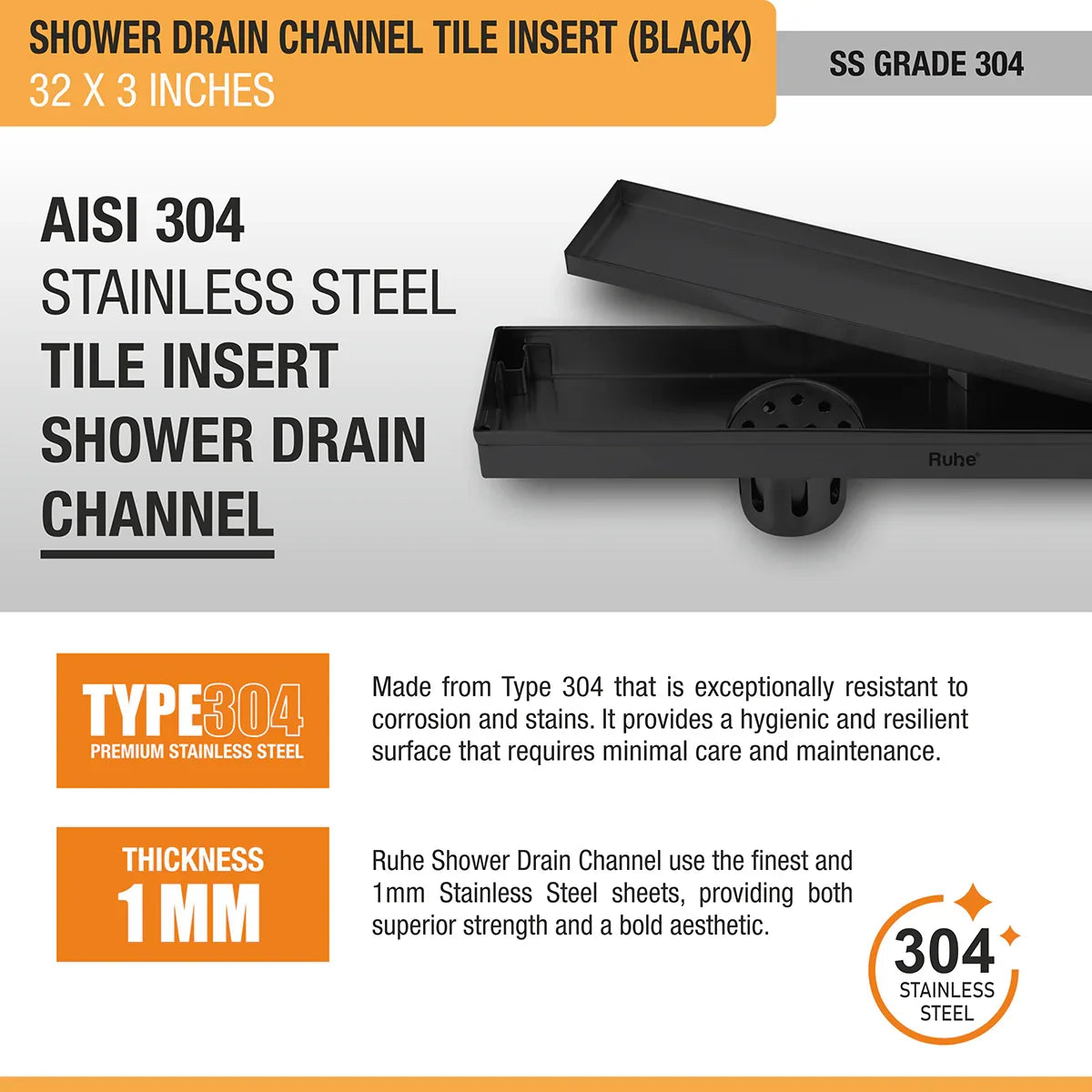 Tile-Insert Shower Drain Channel (3 Inches)
