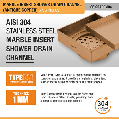 Marble Insert Shower Drain Channel (6 x 6 Inches) Antique Copper PVD Coated - by Ruhe