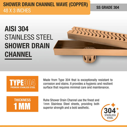 Wave Shower Drain Channel (48 x 3 Inches) Antique Copper PVD Coated - by Ruhe