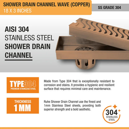 Wave Shower Drain Channel (18 x 3 Inches) Antique Copper PVD Coated - by Ruhe