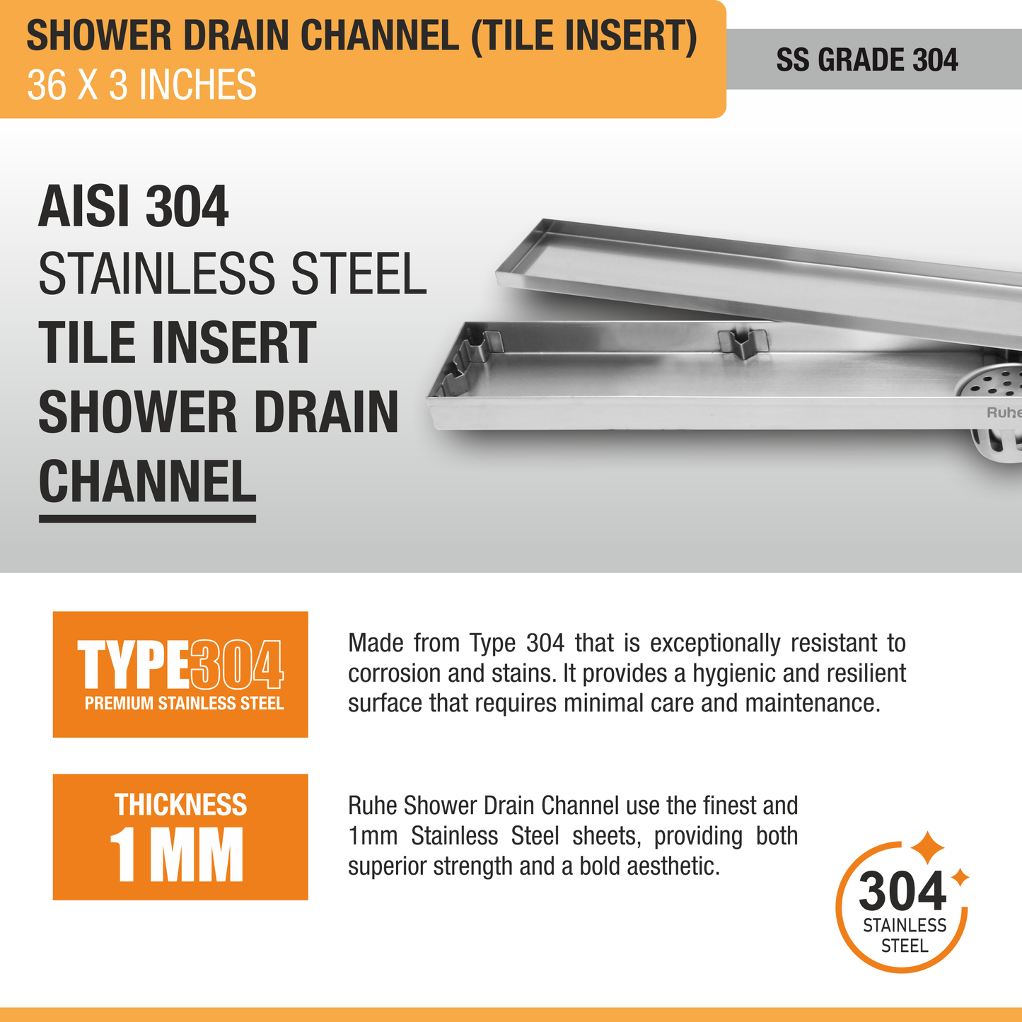 Tile-Insert Shower Drain Channel Coloured (3 Inches)