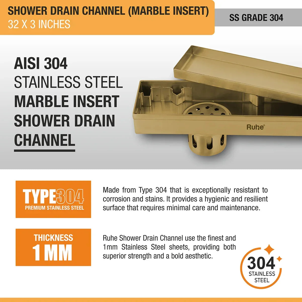 Marble-Insert Shower Drain Channel Yellow Gold (3 Inches)