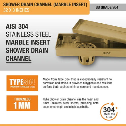 Marble-Insert Shower Drain Channel Yellow Gold (3 Inches)