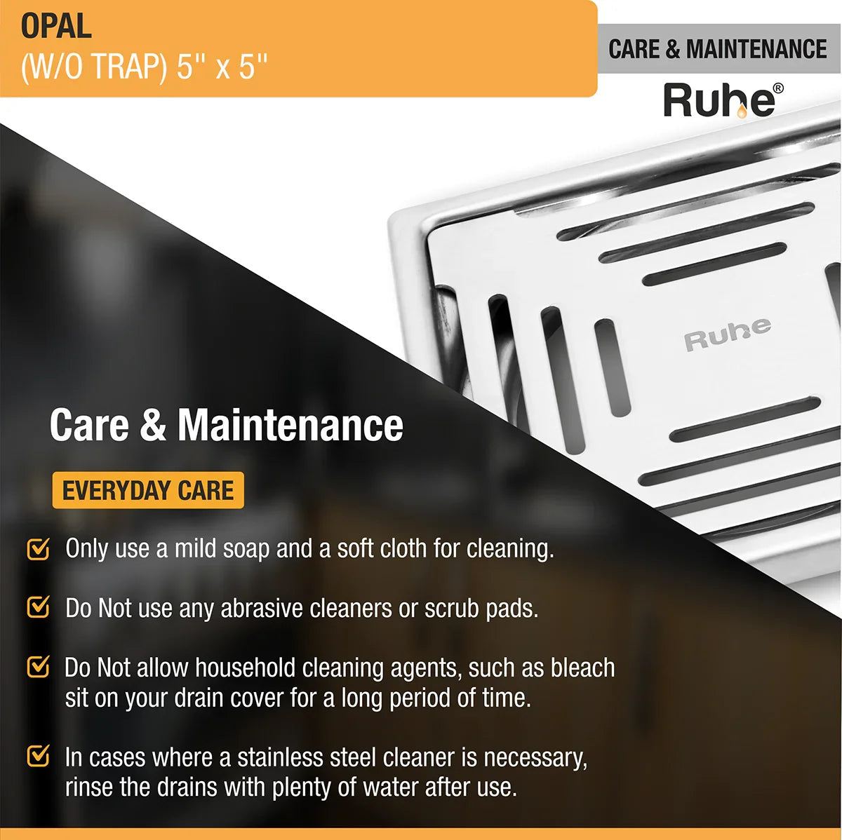 Opal Square 304-Grade Floor Drain (5 x 5 Inches) - by Ruhe
