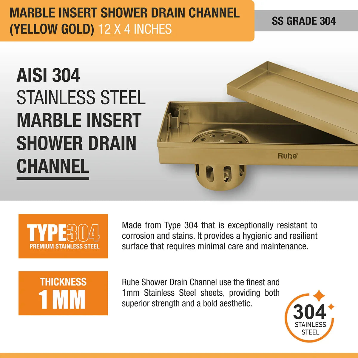 Marble-Insert Shower Drain Channel (4 Inches)