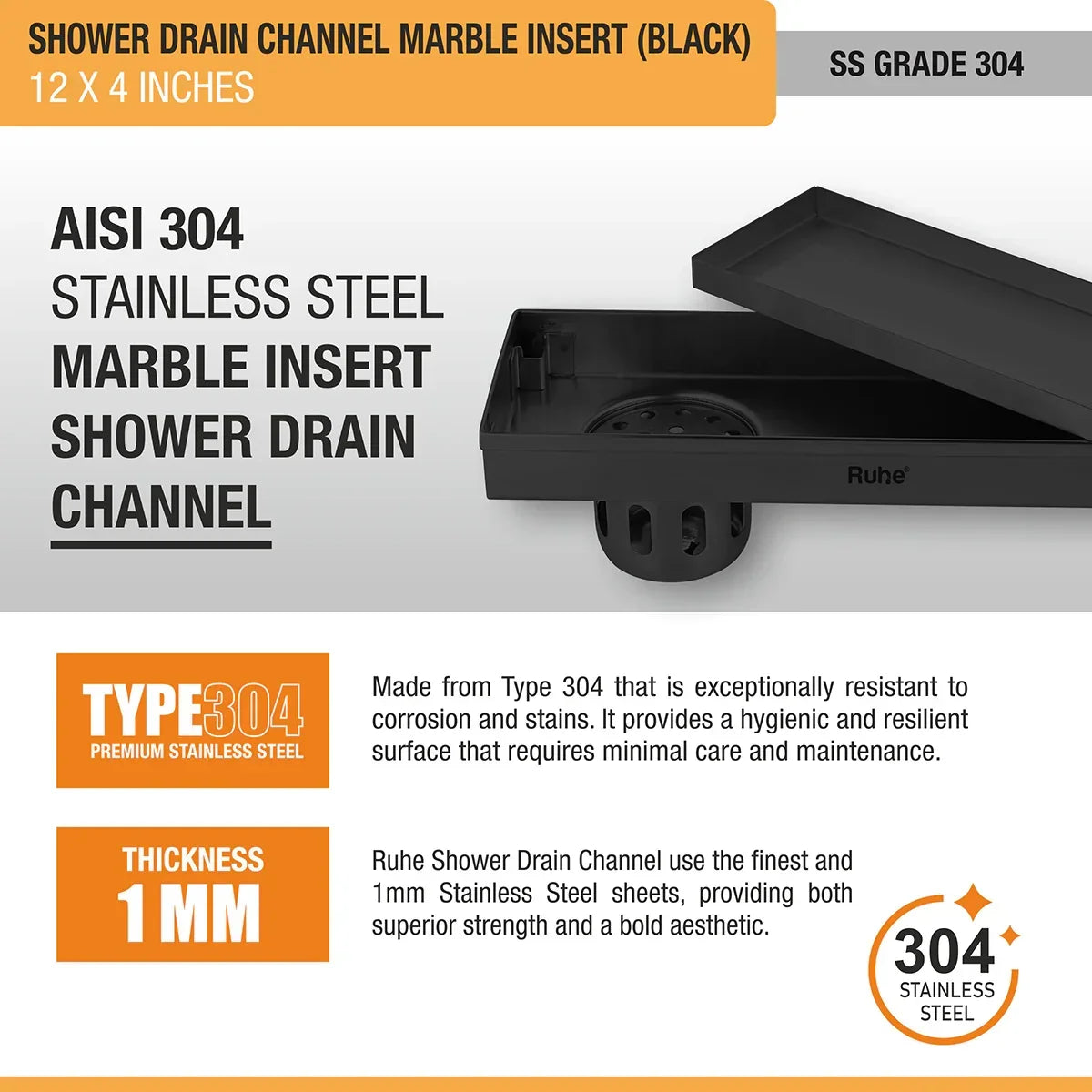 Marble-Insert Shower Drain Channel (4 Inches)