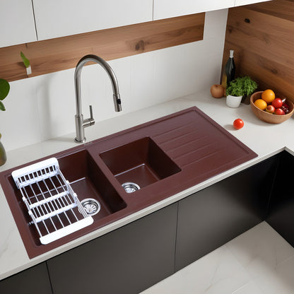Quartz Double Bowl with Drainboard Kitchen Sink (45 x 20 x 9 inches)