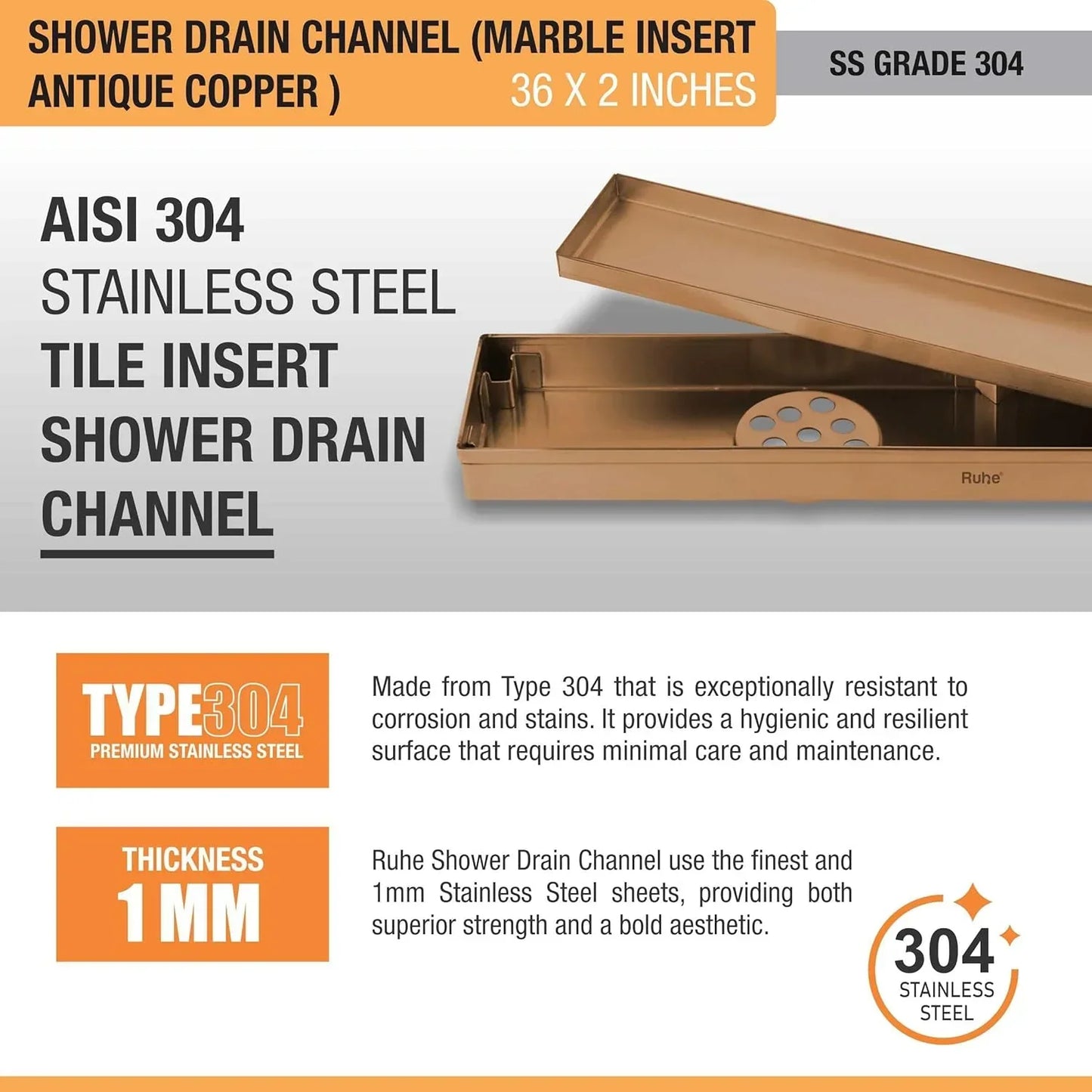 Marble-Insert Shower Drain Channel Coloured (2 Inches)