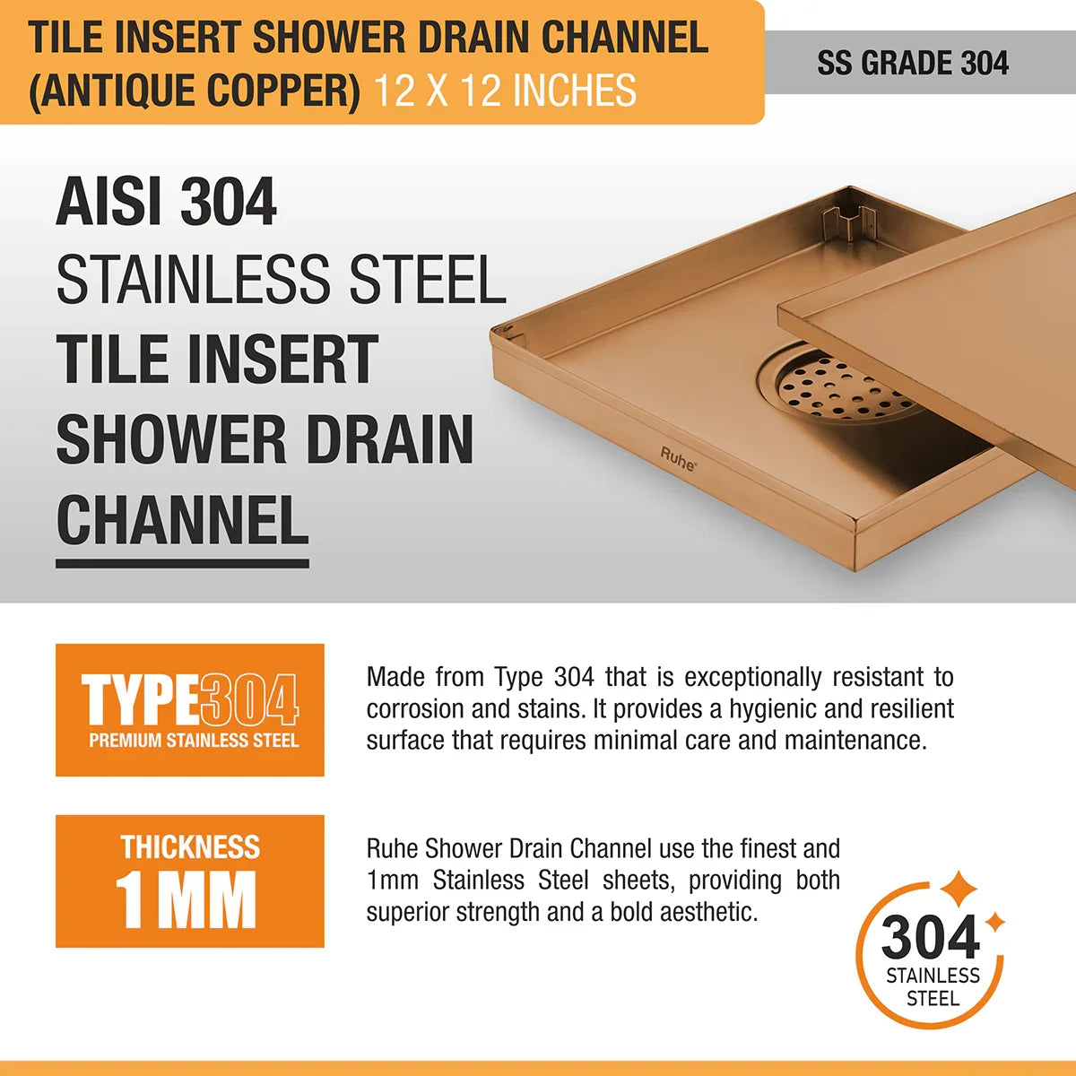 Tile-Insert Shower Drain Channel (12 x 12 Inches)