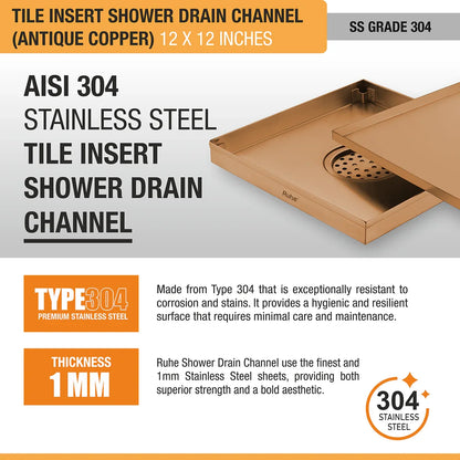 Tile-Insert Shower Drain Channel (12 x 12 Inches)