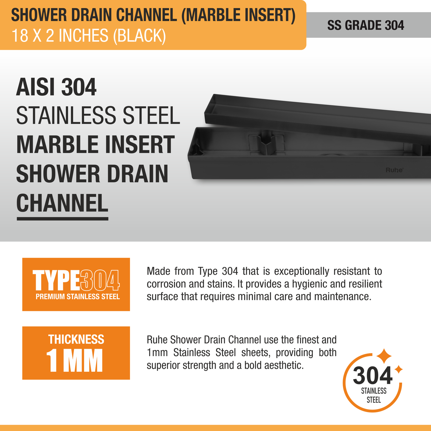 Marble-Insert Shower Drain Channel Coloured (2 Inches)