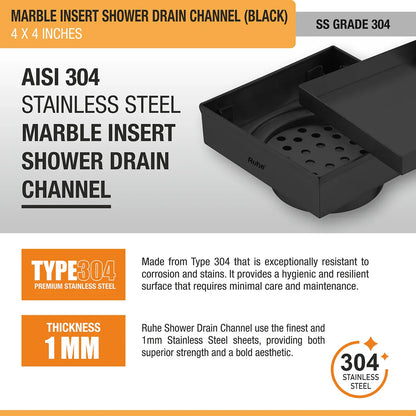 Marble-Insert Shower Drain Channel (4 x 4 Inches)