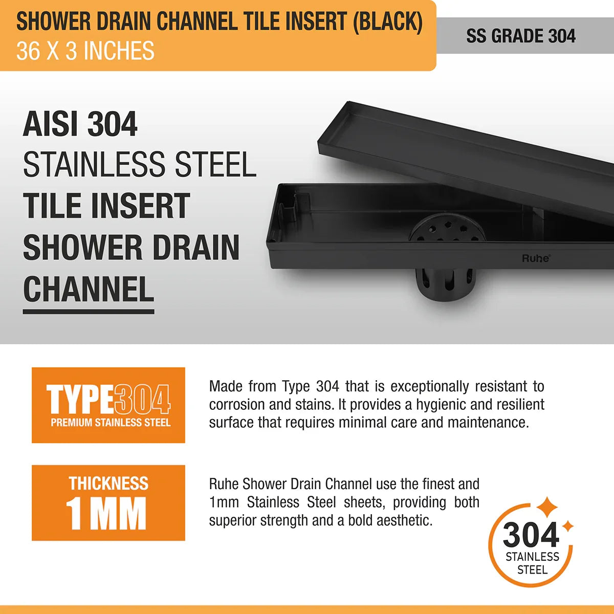 Tile-Insert Shower Drain Channel (3 Inches)