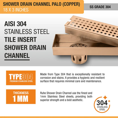 Palo Shower Drain Channel (18 x 3 Inches) Antique Copper PVD Coated - by Ruhe