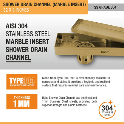 Marble-Insert Shower Drain Channel (3 Inches)