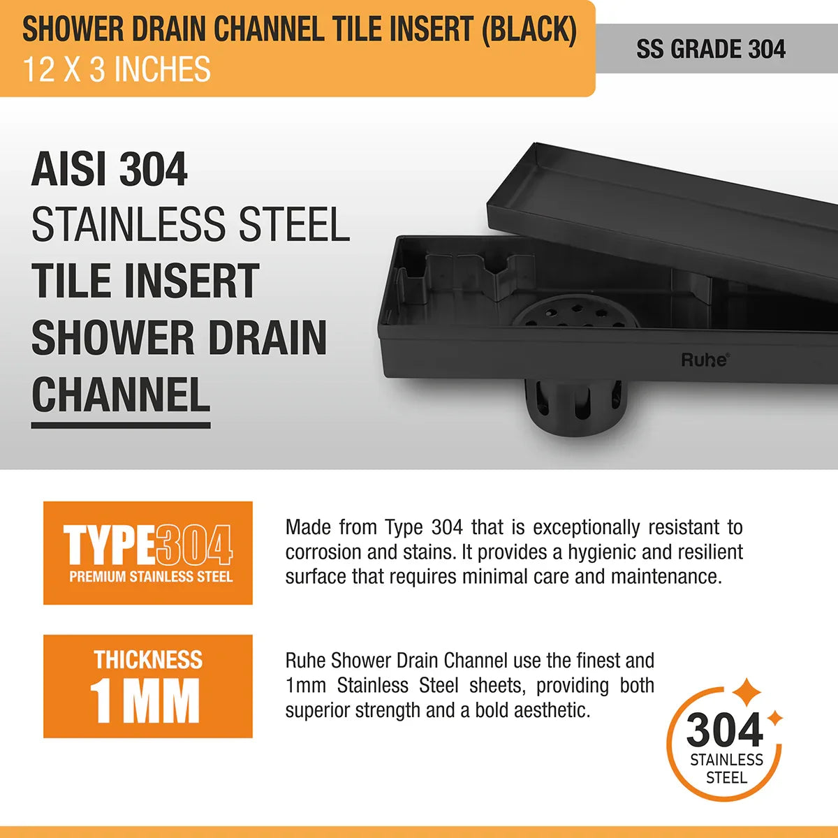 Tile-Insert Shower Drain Channel (3 Inches)