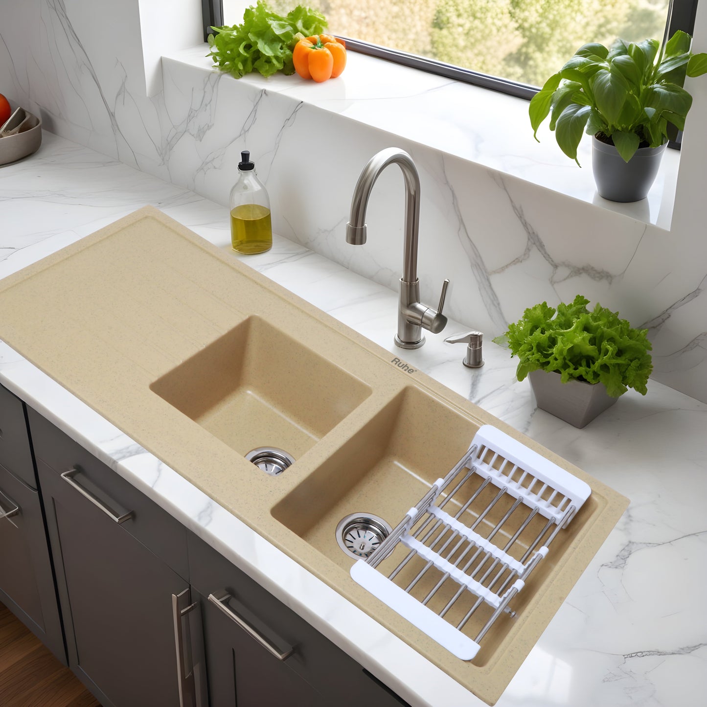 Quartz Double Bowl with Drainboard Kitchen Sink Crystal White (45 x 20 x 9 inches)