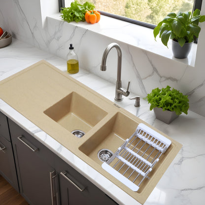 Quartz Double Bowl with Drainboard Kitchen Sink Crystal White (45 x 20 x 9 inches)