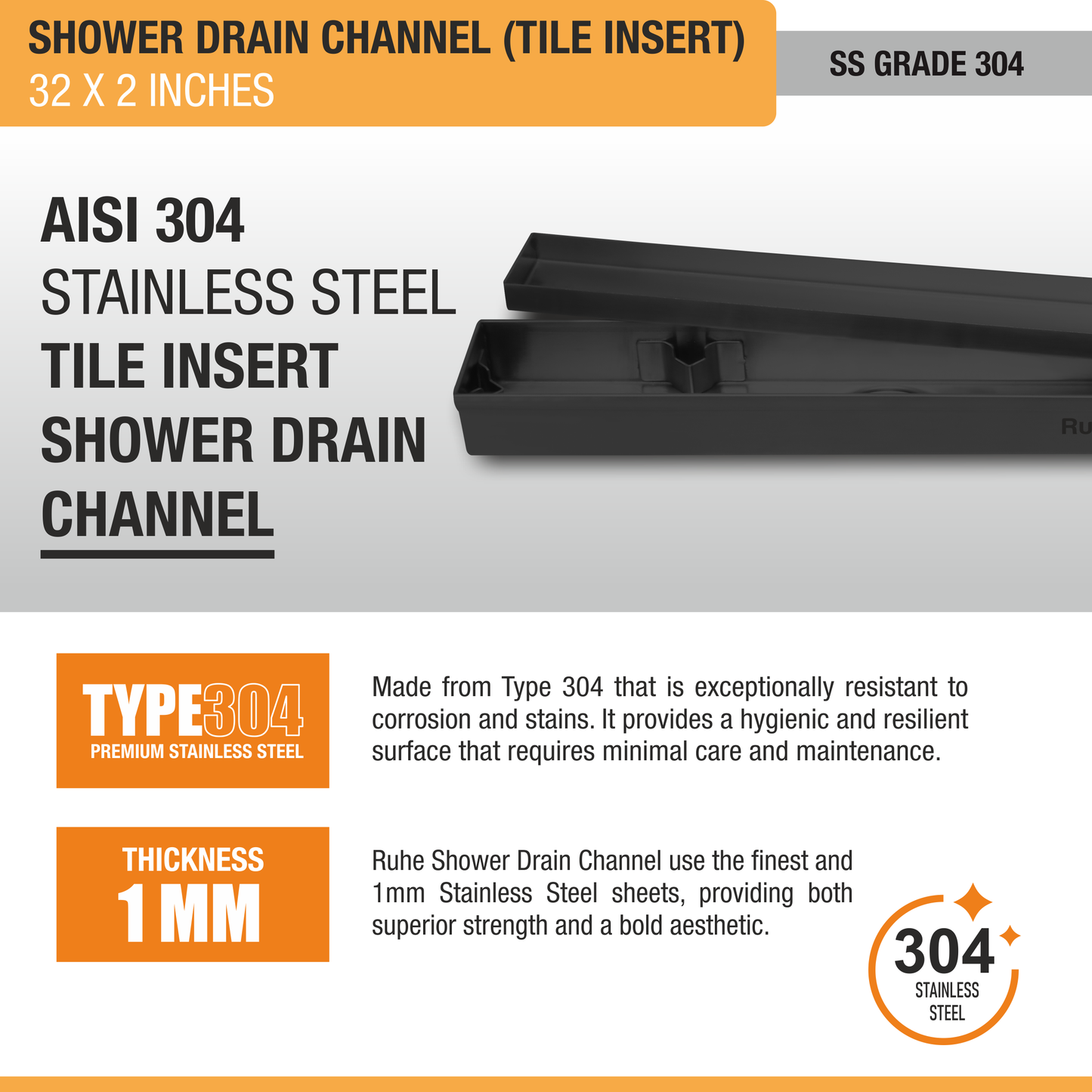 Tile-Insert Shower Drain Channel Coloured (2 Inches)