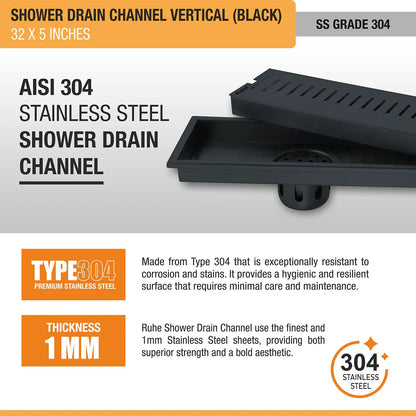 Vertical Shower Drain Channel (32 x 5 Inches) Black PVD Coated stainless steel
