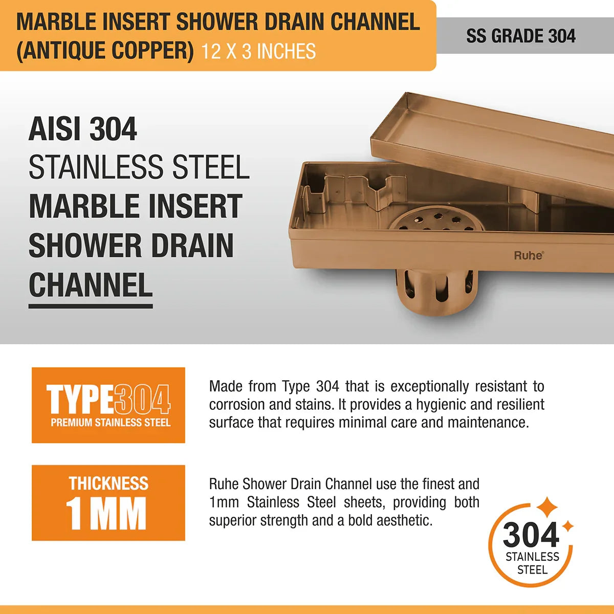 Marble-Insert Shower Drain Channel (3 Inches)